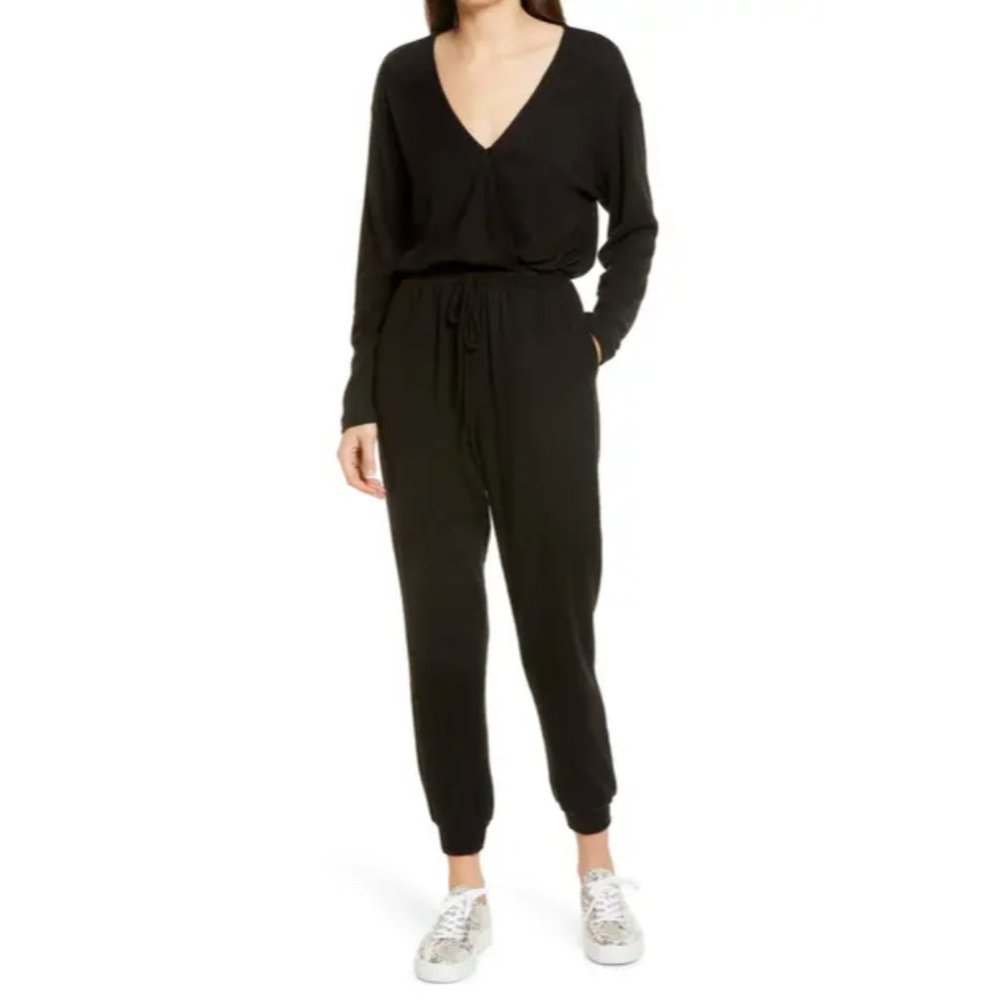 New Fraiche by J Womens Sz S Black V-Neck Faux Wrap Brushed Knit Banded Jumpsuit